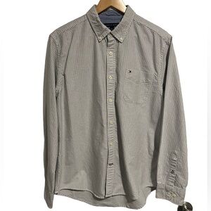 Tommy Hilfiger Mens Gray And White Pin Striped Long Sleeve Button Down Shirt, Lg